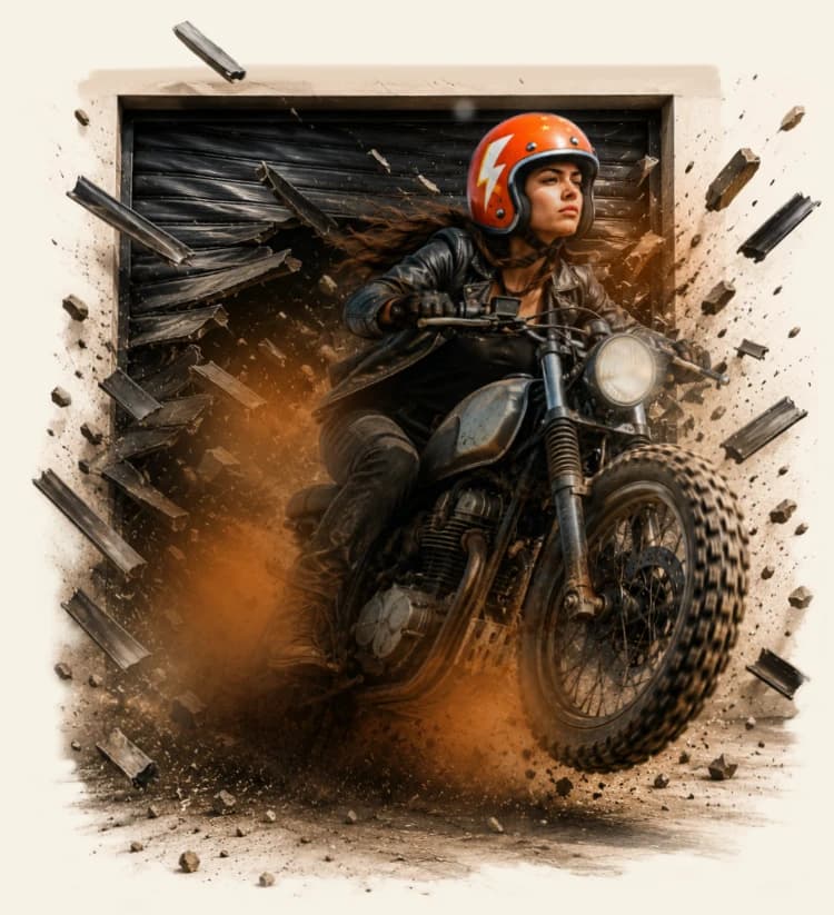 Motorcyclist breaking through a garage door
