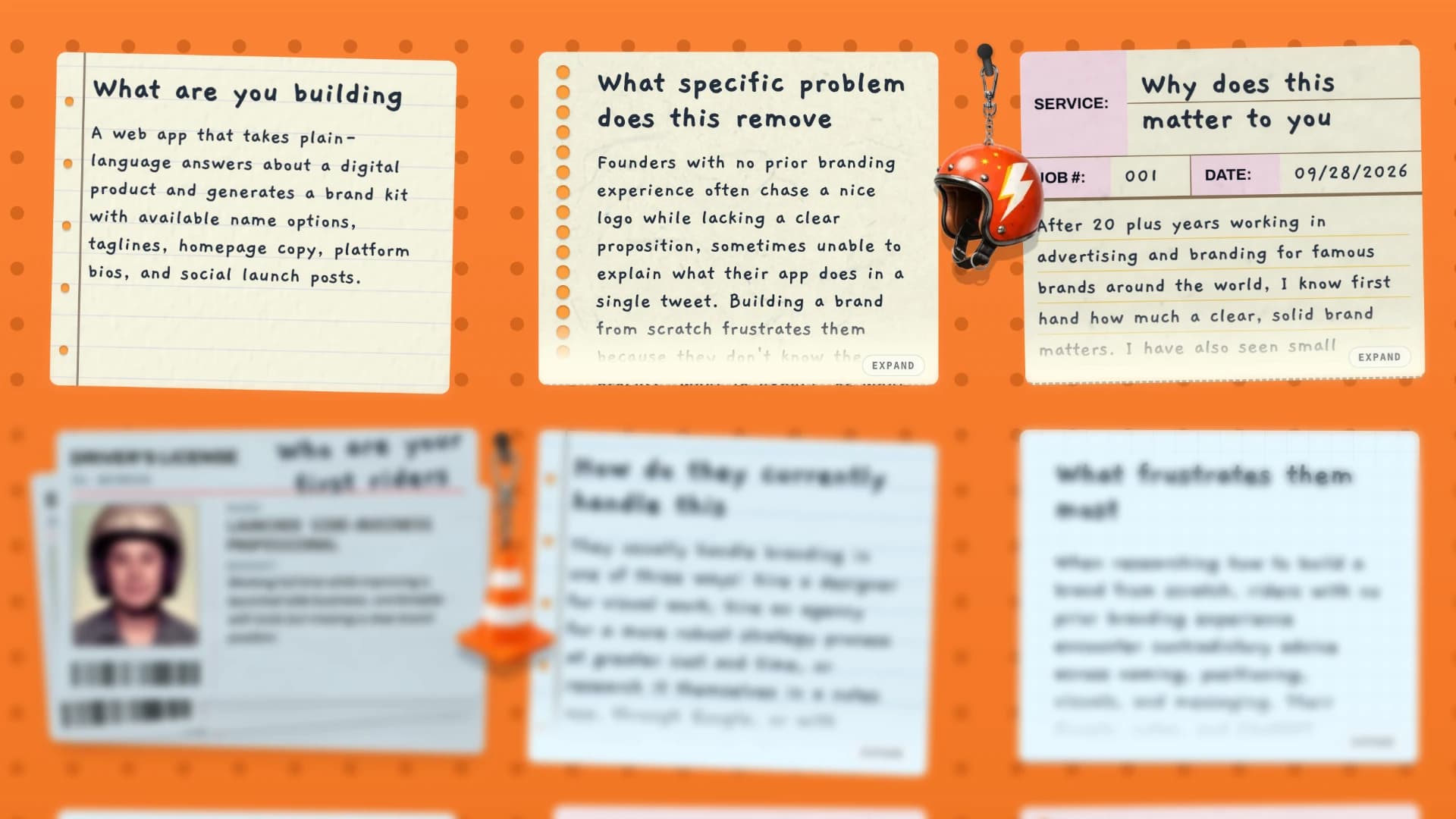 Workshop board with questions about the product, problem, and founder motivation