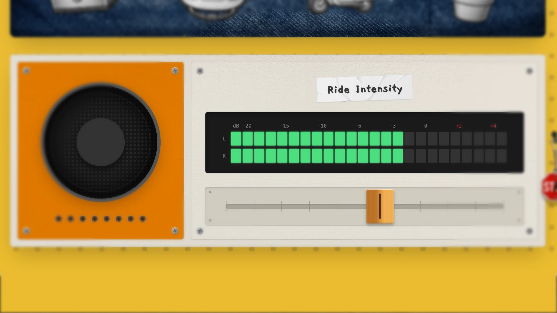 Brand volume controls with a ride-intensity slider and stereo audio level meter
