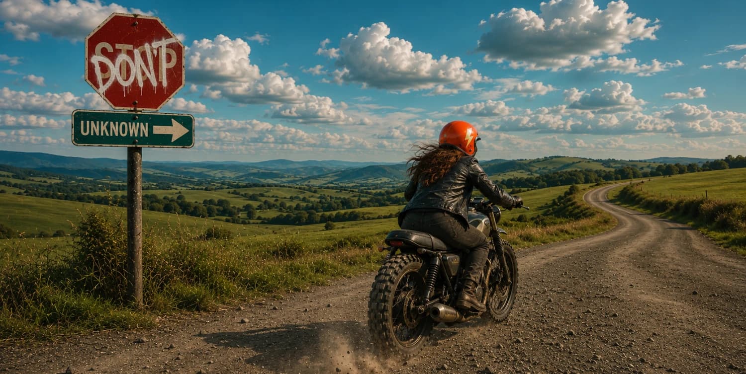 A motorcyclist riding toward an unknown road through rolling hills.